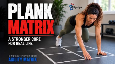 Coach Ro performing the Plank Matrix workout from Agility Matrix using a taped floor grid for core strength, coordination, and control.