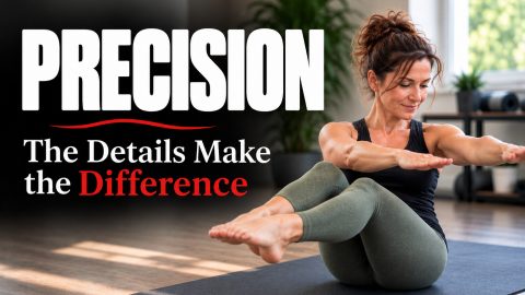 PRECISION Pilates workout preview with Coach Ro demonstrating controlled mat-based movement focused on alignment, core connection, and body awareness.