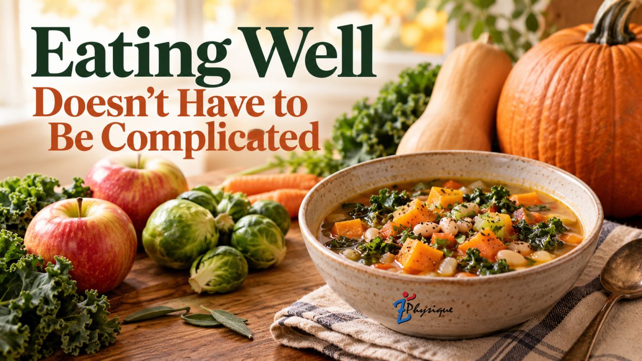 Bowl of hearty vegetable soup surrounded by apples, squash, pumpkin, Brussels sprouts, carrots, and kale, representing simple healthy fall eating.