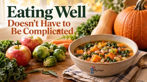 Bowl of hearty vegetable soup surrounded by apples, squash, pumpkin, Brussels sprouts, carrots, and kale, representing simple healthy fall eating.