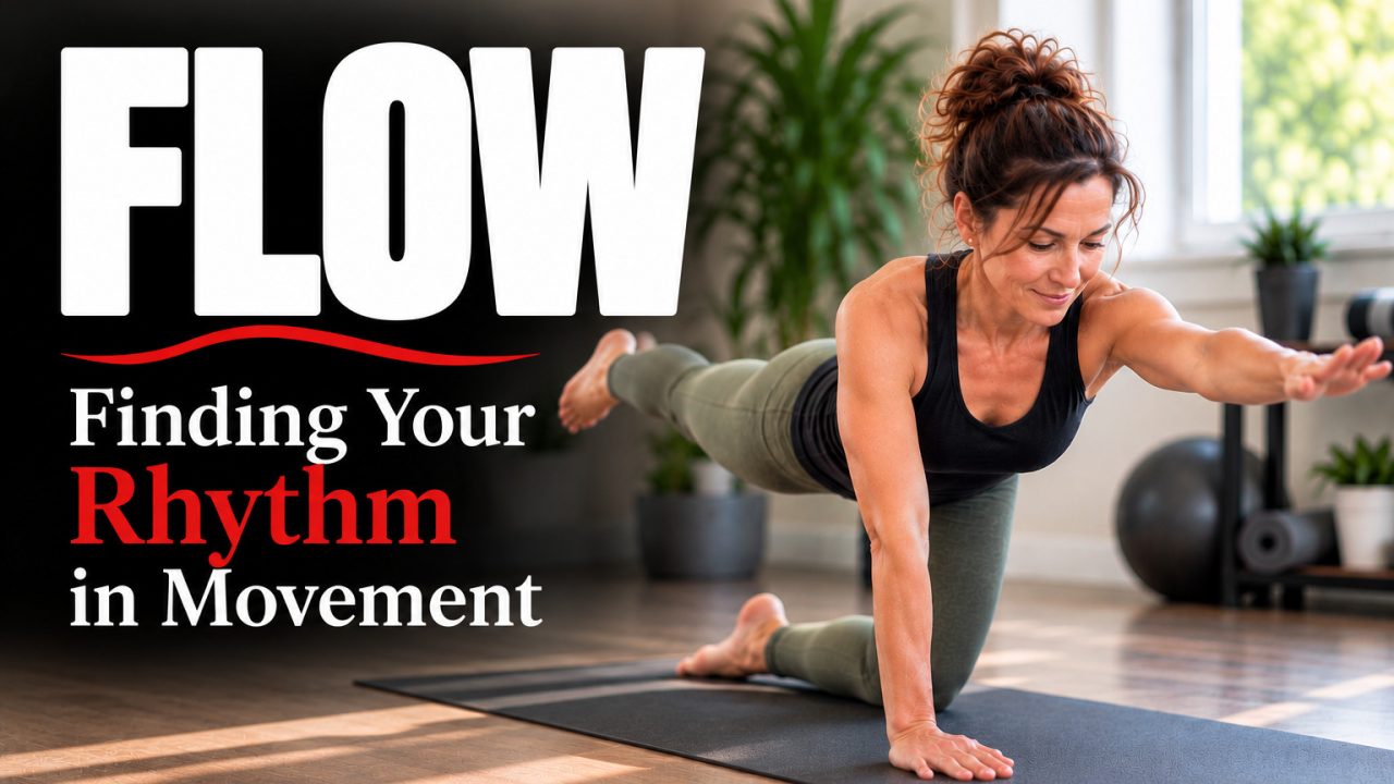 Woman performing a controlled Pilates bird-dog exercise on a mat, illustrating the FLOW workout theme of finding rhythm in movement.